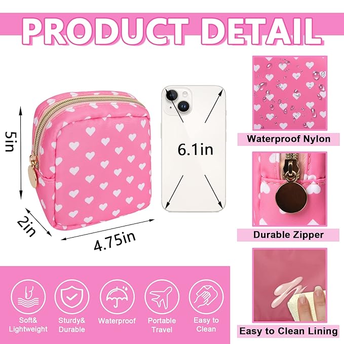 Mini Makeup Pouch for Purse， Small Cosmetic Bag Pouch Nylon Travel Toiletry Organizers for Women Girls, Cute Storage Zipper Pouch Coin Purse for School Work Camping(Mini-Pink Heart)