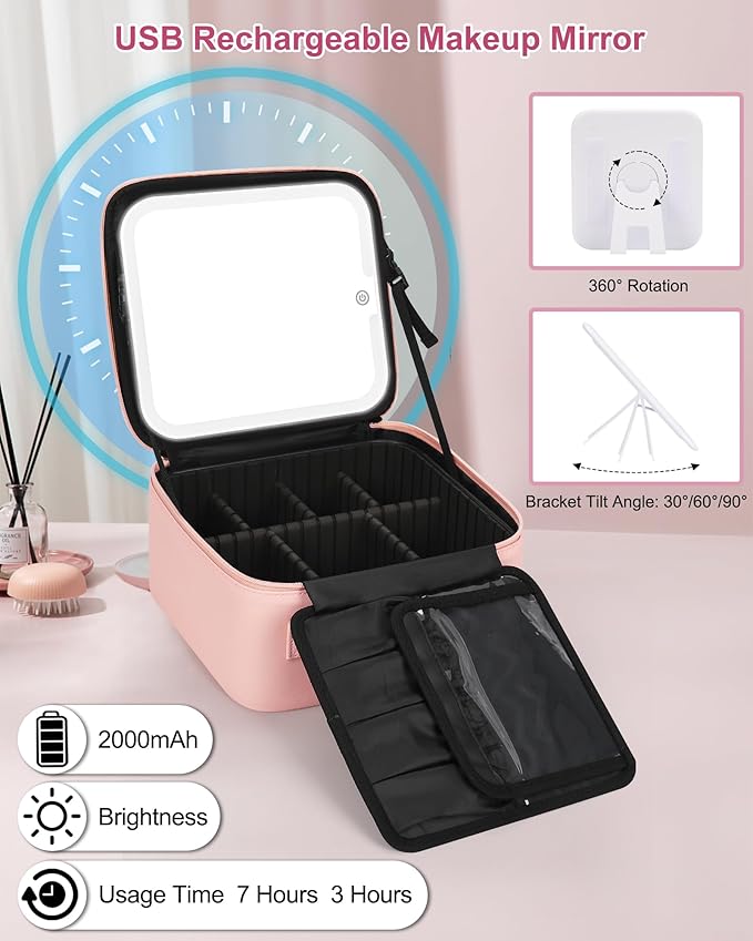 Relavel Initial Makeup Bag with LED Mirror for Women Girls, Personalized Travel Cosmetic Organizer Train Case, Birthday Gifts for Grandkids Bridesmaid Graduation Teacher Friends, Trendy Stuff, Pink G