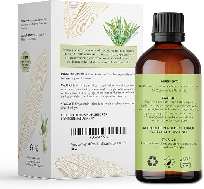 Avatra Lemongrass Essential Oil 100ML (3.38 OZ) with Glass Dropper and Travel Bottle, Pure and Natural Therapeutic Grade Lemongrass Oil for Diffuser, Aromatherapy, Massage, and DIY Candle Products
