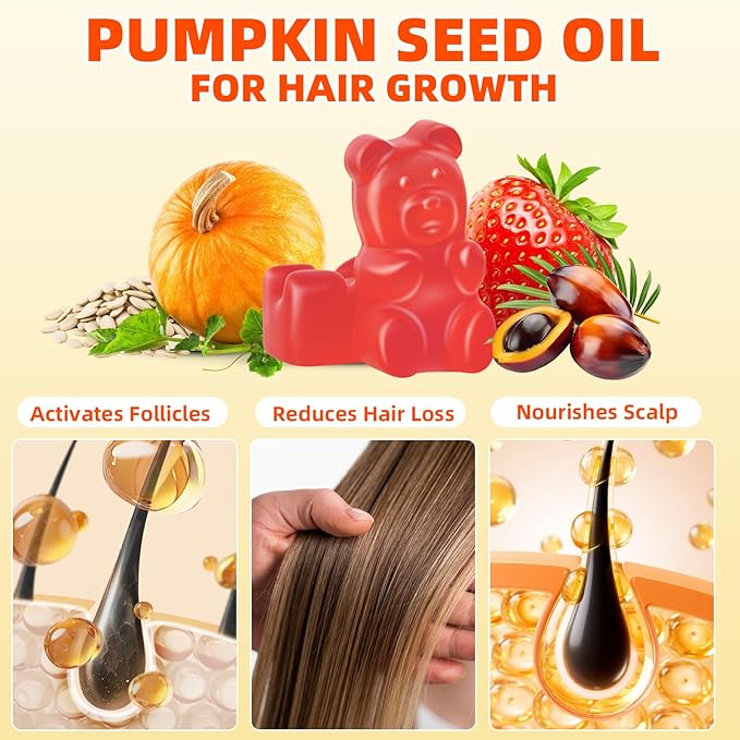 Pumpkin Seed Oil Supplement Gummies 4000mg with Saw Palmetto for Hair Growth & Skin Health, High Pure Extract for Women & Men Extra Strength Pumpkin Seed, Strawberry Flavor, 60 Count