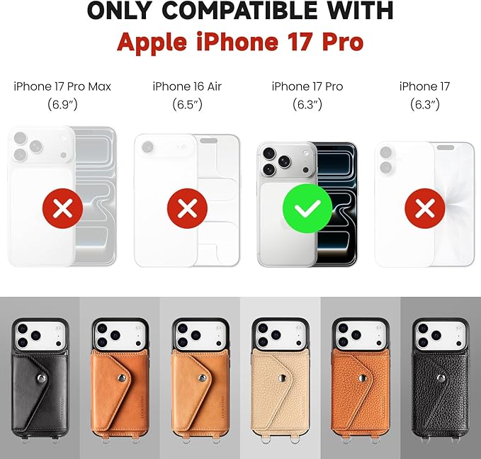LUCKYCOIN Crossbody Wallet Phone Case for iPhone 17 Pro,100% Genuine Leather Wallet Phone Case with Expandable Flip Card Holder,Phone Purse for Women with Adjustable Removable Strap - Brown