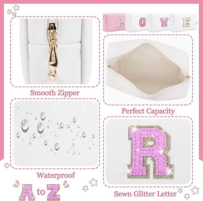 Personalized Initial Letter Makeup Bag, Small Glitter Letter Patch Cosmetic Pouch Zipper, Preppy Makeup Organizer PU Waterproof Travel Toiletry Bag, Monogrammed Birthday Gift for Women Girls