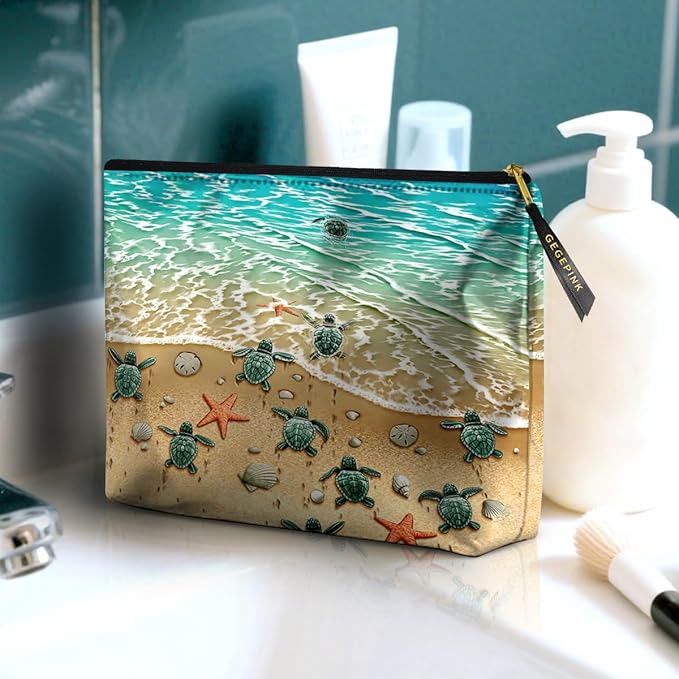 Cute Makeup Bag for Purse Waterproof Cosmetic Bags for Women Funny Smooth Zipper Travel Toiletry Pouch 10X8 Inches-Seashell on Beach Makeup pouch