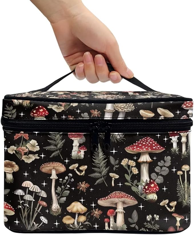 JoyLamoria Bronwn Mushroom Print Travel Makeup Bag Cute Mushroom Brush Bag Toiletry Bag for Women