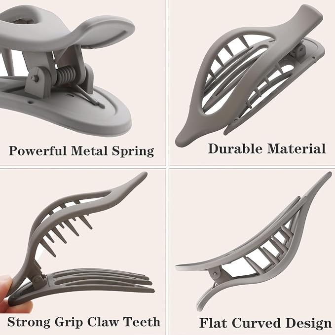 6 PCS Flat Hair Clips, French Lay Flat Claw Clips for Women Girls, 3 Styles Strong Hold Non-slip Matte Hair Claws for Thin Thick Hair(Brown&Grey)