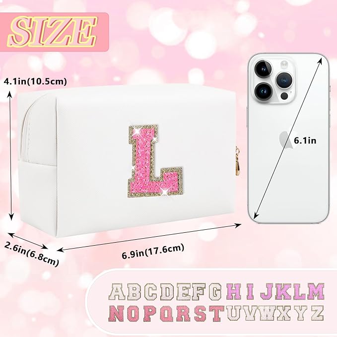 Initial Letter Patch Makeup Bag, Small Preppy A-Z Glitter Letter Cosmetic Bag, PU Leather Waterproof Travel Toiletry Bag, Cute Make Up Pouch Personalized Monogrammed Gift for Women Teen Girls