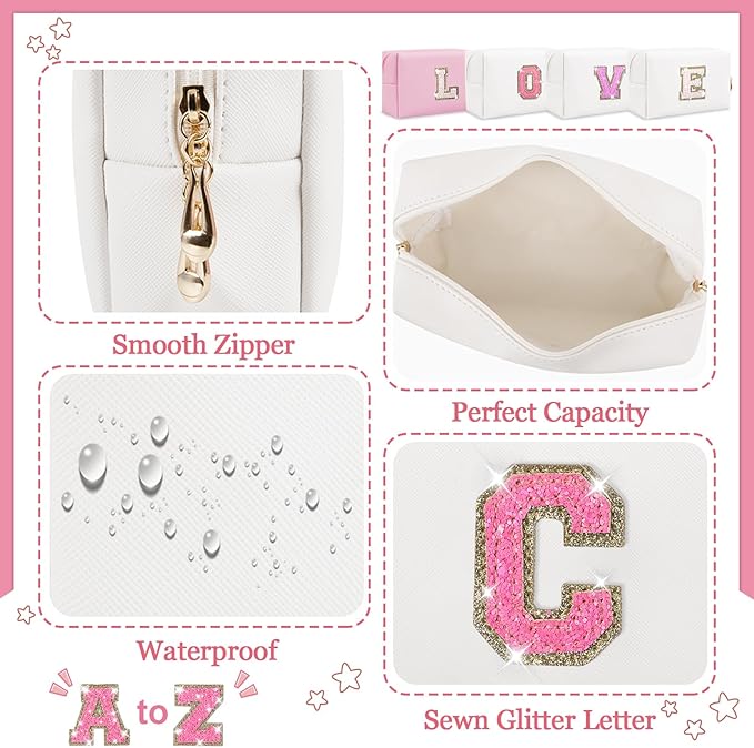 Personalized Initial Letter Makeup Bag, Preppy Glitter Letter Patch Cosmetic Pouch Zipper,PU Waterproof Travel Toiletry Bag Cute Makeup Organizer Monogrammed Make Up Bag,Gift for Women Girls