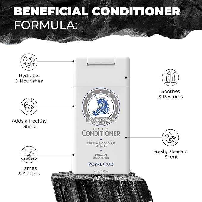 Bossman Moisturizing Hair Conditioner for Men – Stimulates, Hydrates, Soothes Men's Hair and Scalp – Natural Quinoa & Coconut Enriched - Paraben & Sulfate Free (Royal Oud Scent)