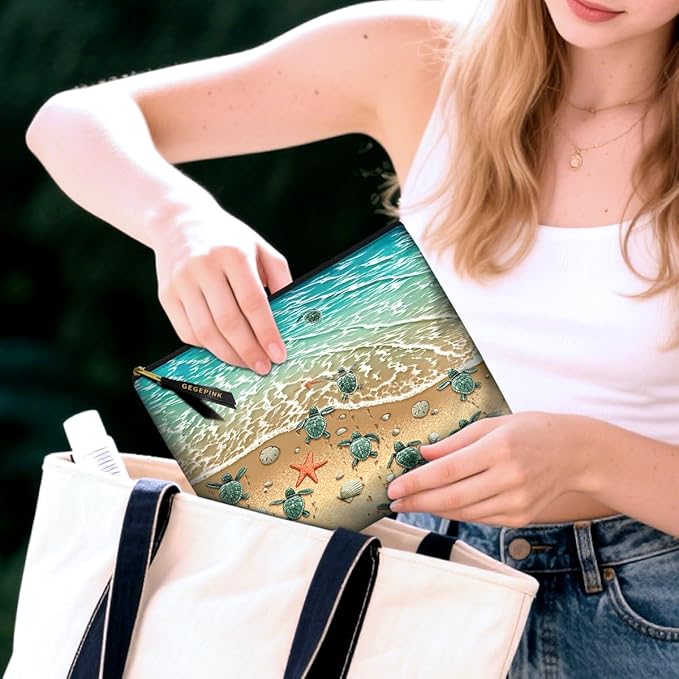 Cute Makeup Bag for Purse Waterproof Cosmetic Bags for Women Funny Smooth Zipper Travel Toiletry Pouch 10X8 Inches-Seashell on Beach Makeup pouch