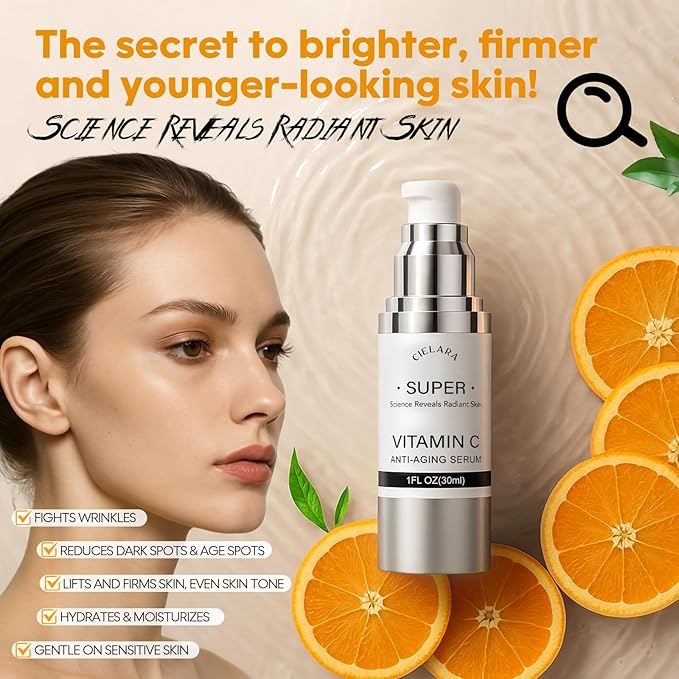 Super Vitamin C for Women, 20% Vit C Anti Aging & Wrinkle Retinol Face Serum With Hyaluronic Acid, Vitamin E, Caffeine, Peptides For Face Fine Lines Wrinkle Dark Spots Brightening -1 Fl Oz