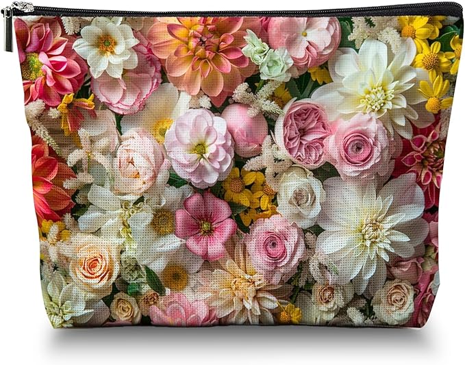 Makeup Bag Travel Cosmetic Bags Small Makeup Case Waterproof Zipper Pouch for Women Girls 7X9inches - Exuberant Array of Multicolored Fresh Flowers