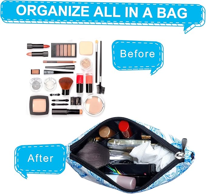 Gloppie Cosmetic Bag Small Makeup Bag Summer Sunscreen Bag Waterproof Lipstick Bag Travel Purse Essentials White Blue Flower
