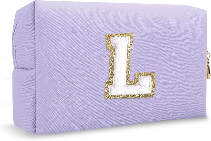 Personalized Initial Preppy Makeup Bag Organizer, Small Purple Cute Cosmetic Bag Travel Toiletry Zipper Pouch for Women, Portable Waterproof PU Makeup Case Birthday Gifts for Friends Teacher(Letter L)