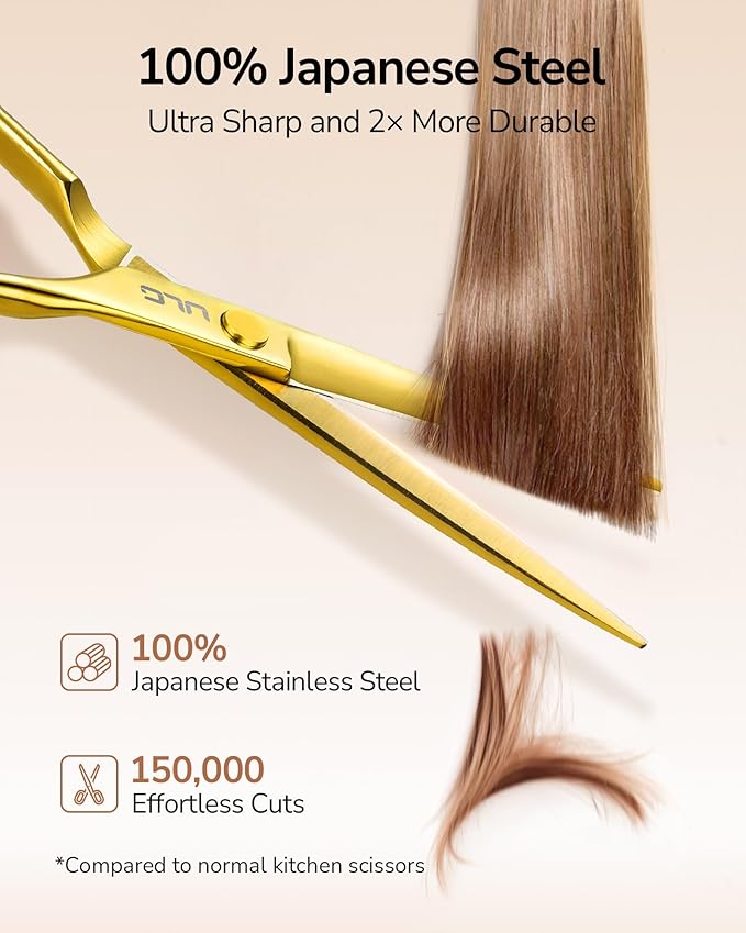 ULG Professional Hair Cutting Scissors Set – 6.5” Japanese Stainless Steel Barber Shears & Thinning Scissors with Comb, Clips & Case – at-Home Salon Haircut Kit Gold