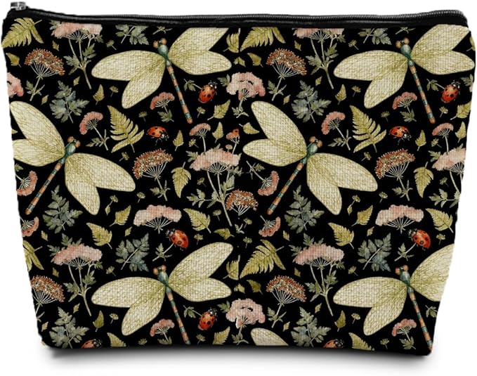 Vintage Floral Dragonfly Makeup Bag, Dragonfly Gifts Cosmetic Bags for Women, Dark Cottagecore Floral Botanical Insects Portable Travel Toiletry Bag Zipper Makeup Pouch