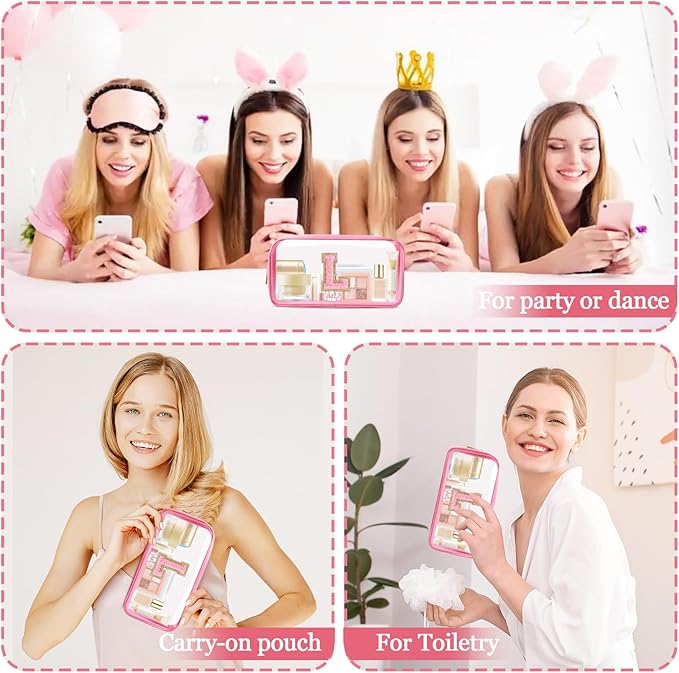 Small Clear Personalized Initial Makeup Bag,Nylon Preppy A-Z Chenille Letter Patch Cosmetic Pouch Beach Toiletry Bag,Waterproof Zipper Travel Purse Storage Bag Organizer for Women Girls(Pink-Pink L)