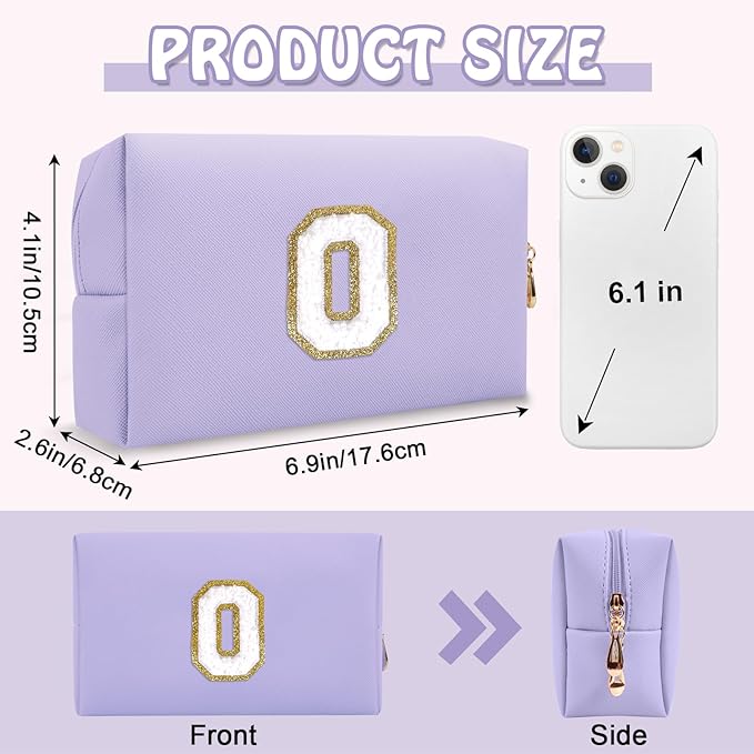 Small Initial Preppy Patch Makeup Bag, Personalized Purple Cute Cosmetic Zipper Pouch Toiletry Bags for Traveling, Waterproof Chenille Letter Make Up Storage Bags Travel Essentials for Women(Letter O)