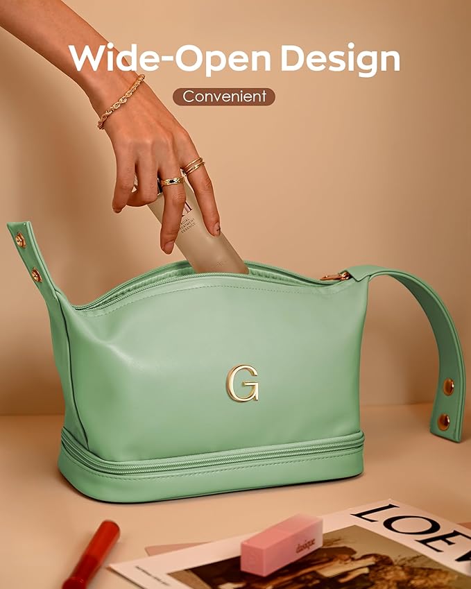 Gifts for Young Women, Personalized Makeup Bag with Handle, Initial Double Layer Cosmetic Bag with Makeup Brush Organizer, Cute Cosmetic Pouch for Women, Gifts for Friends Female Mom