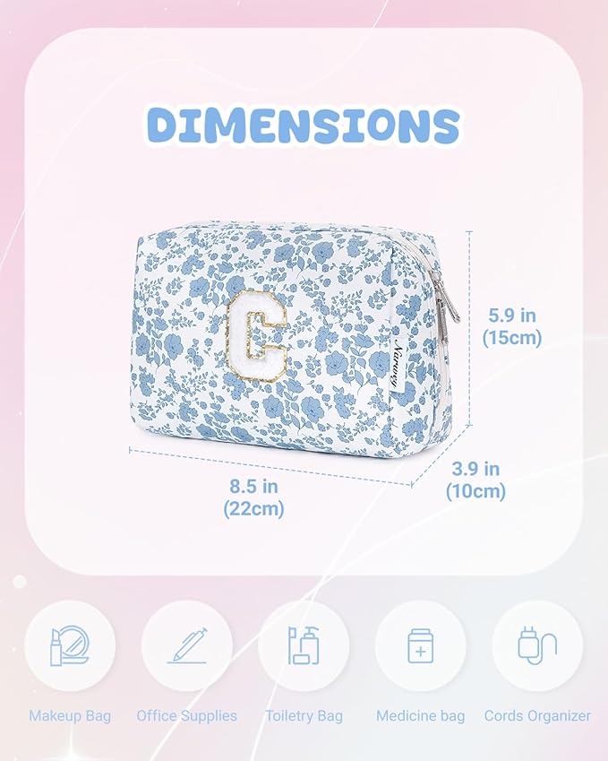 Narwey Birthday Gifts for Teen Girls Kids Women Personalized Initial Floral Makeup Bag Cute Cosmetic Trendy Stuff 6 8 10 11 12 13 14 16 18 Years Old Travel Toiletry Bag (Little Blue Flower C)