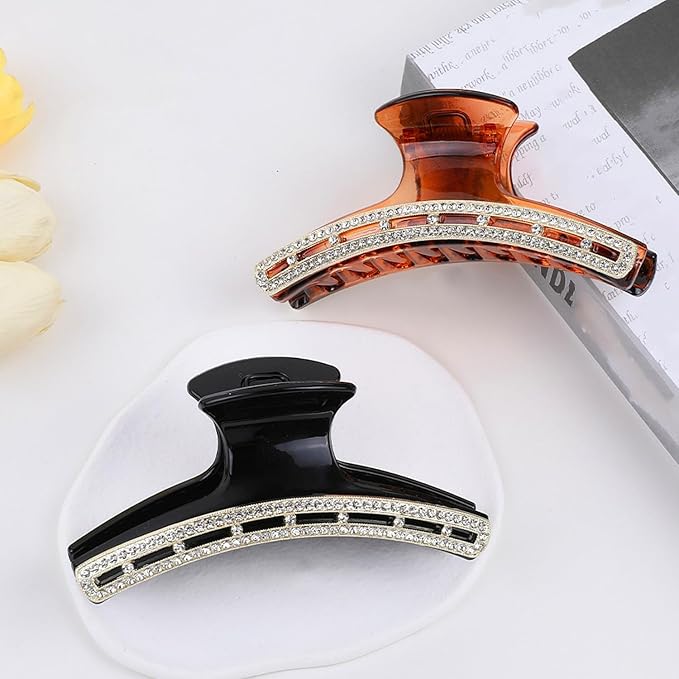SINIDE Rhinestone Hair Clips, Crystal Plastic Claw Clips Nonslip Acrylic Metal Jaw Clip for Thin Long Hair, Fashion Elegant Clamps Accessories for Women Strong Hold Barrette for Styling (2 Pack)