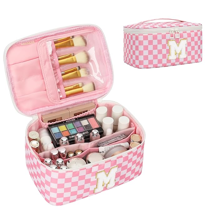 OCHEAL Makeup Bag for Women, Monogram Cosmetic Bag with Brush Holder, Pink Travel Makeup Case Beauty Toiletry Bag Organizer Personalized Gifts for Girls Bridesmaid, Sister, Wife, Friends Initial M