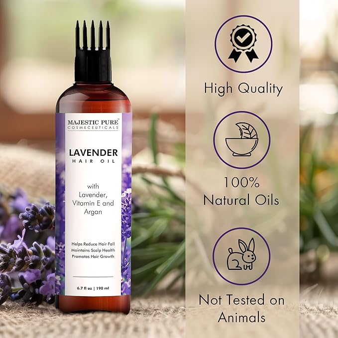 Majestic Pure 100% Pure Lavender Oil with Vitamin E for Hair Care, Strengthening, Nourishing, and Volumizing Formula with Vitamin E & Argan Oil - Non GMO Verified, 6.7 Fl Oz