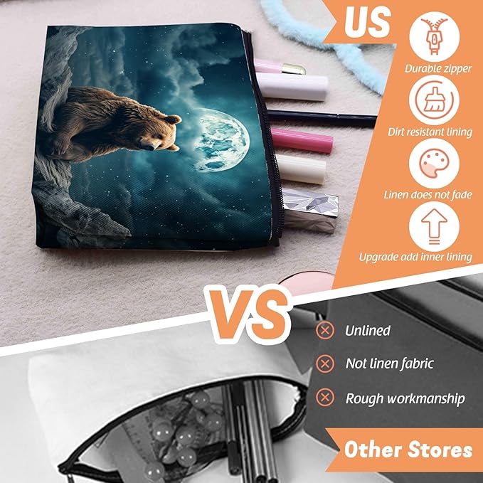 Cosmetic Bags Travel Makeup Toilet Case Waterproof Pouch for Women Girls 6.7X9.45inches - Brown Bear on Rock Under A Starry Sky And Moon