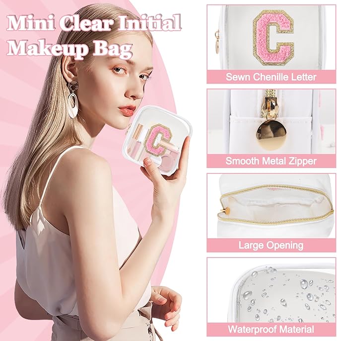Mini Clear Personalized Initial Makeup Bag,Nylon Preppy A-Z Chenille Letter Patch Zipper Cosmetic Bag, Small Cute Beach Pouch Travel Purse Sanitary Napkin Storage Bag for Women Girls(White-Pink C)