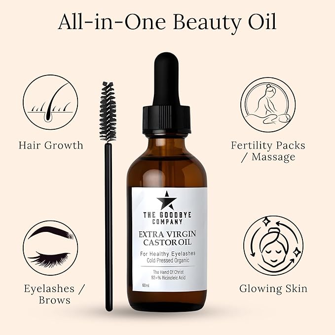 The Goodbye Company Organic Castor Oil - 100% Pure Extra Virgin Cold Pressed Unrefined for Luscious Hair Growth, Thicker Eyelashes & Radiant Skin - Deeply Moisturizing & Detoxifying (60ml)