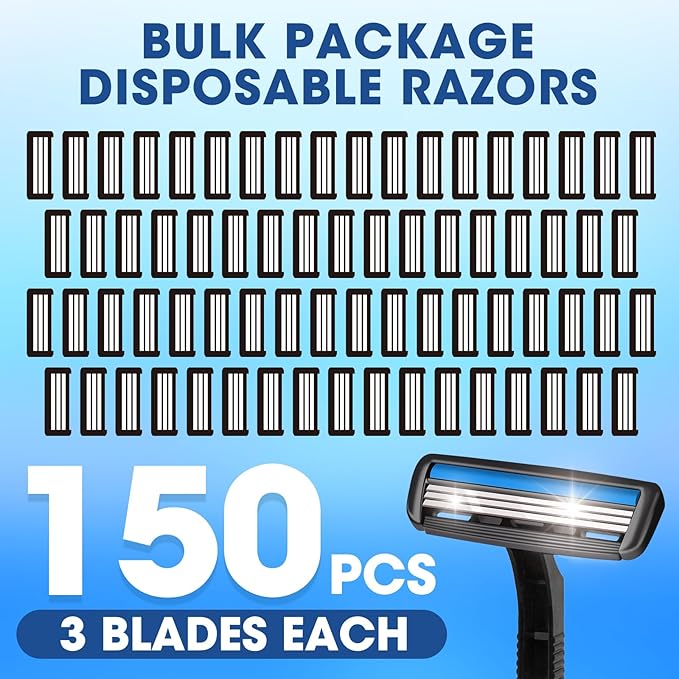 CXYARY 150 Pcs 3 Blade Disposable Razors With Clear Safety Cap, Shaving Razors Bulk for Men &Women, Stainless Steel Blade, Multipurpose Portable Shave Razor for Bathing Hotel Travel, Black