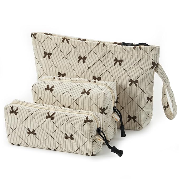 Makeup bag set small Cosmetic bag for women purse Corduroy Organizer with interior Pockets,cute Pencil zipper Pouch travel Toiletry Bag with handle(Beige Bowknot)