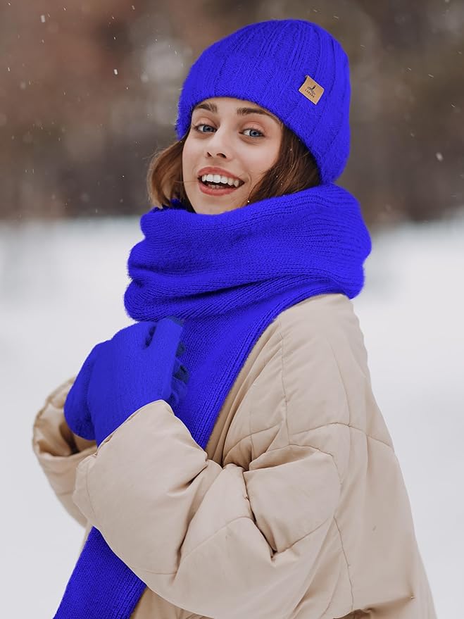 Winter Beanie Hat Scarf Gloves, Warm Fleece Knit Hat Long Scarf Neck Warmer Touch Screen Winter Gloves Set Gifts for Women