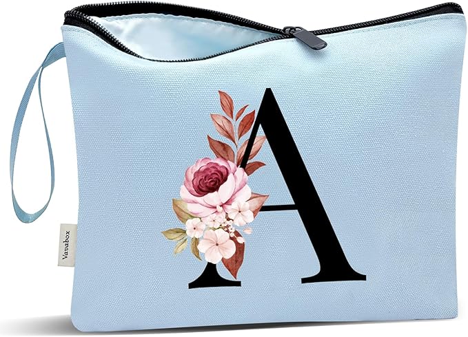 Vavabox A-Z Personalized Makeup Bag, Birthday Gifts for Women Mom, Gifts for Best Friend, Bride Bridesmaid Cosmetic bag (A, Blue)