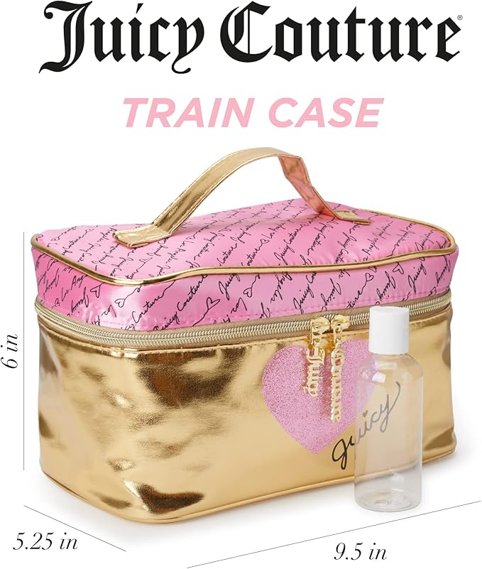 Juicy Couture Gold Pink Makeup Bag Cosmetics Organizer Travel Essentials Train Case Shiny Heart