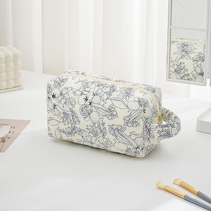 JOVAKIT Travel Makeup Bag Cosmetic Bag for Women, Christmas Gifts, Small Floral Flowers Coquette Toiletry Bag with Handle, Zipper Make Up Pouch Organizer Bag Trendy Stuff (Navy Blue Flower)
