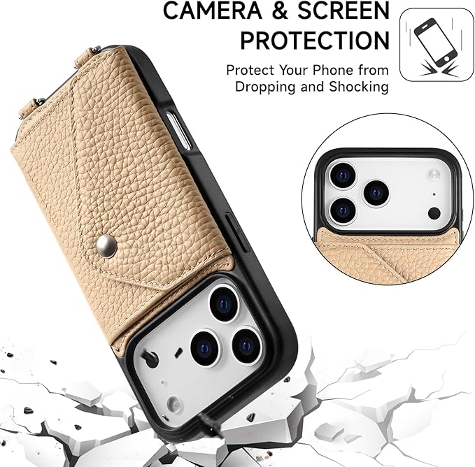 LUCKYCOIN Crossbody Wallet Phone Case for iPhone 17 Pro,100% Genuine Leather Wallet Phone Case with Expandable Flip Card Holder,Phone Purse for Women with Adjustable Removable Strap - Pebble Beige