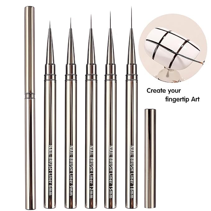 WOKOTO 5Pcs Liner Nail Art Brushes For Acrylic Nails Liner Brushes For Nails Champagne Handles Mix-Size 6mm 9mm 12mm 15mm 18mm Liner Nail Brushes Kit Thin Detail Nail Polish Detail Brushes Set