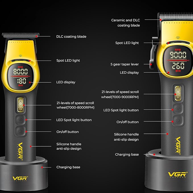 VGR 885 S2 Cordless Barber Clippers and Trimmers Kit, Professional Hair Clippers for Men, Haircut Kit with DLC-Coated Ceramic Blades, 21-Speed Roller, 2 Magnetic Charging Bases, LED Display, Gold