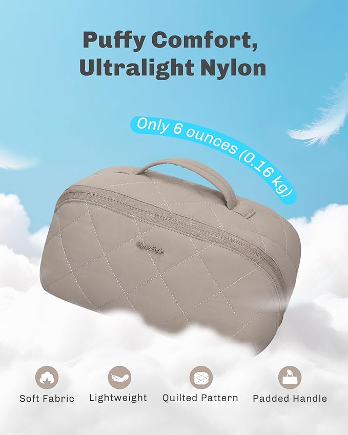 Hynes Eagle Travel Makeup Bag for Women Puffy Cosmetic Organizer Pouch Open Flat Toiletry Bag for Toiletries, Brushes Camel