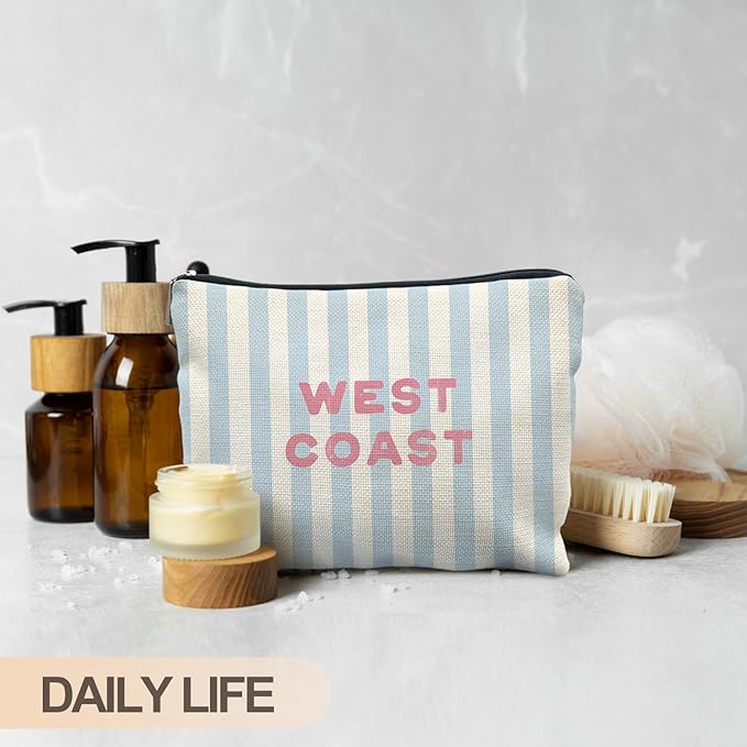 Blue Preppy Beach Makeup Bag, Blue Striped Coastal Cosmetic Bags for Women, Gifts for Beach Ocean Lovers, West Coast Zipper Makeup Pouch