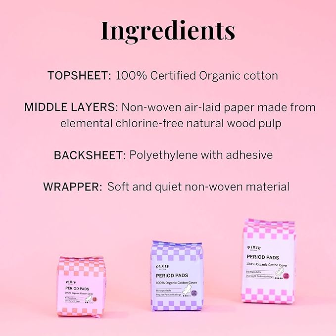 Pixie Organic Cotton Mini Pads with Wings for Women & Teens - Ultra Thin, Light Absorbency Menstrual Pads - Hypoallergenic, Unscented & Biodegradable for Feminine Care - 16 Count
