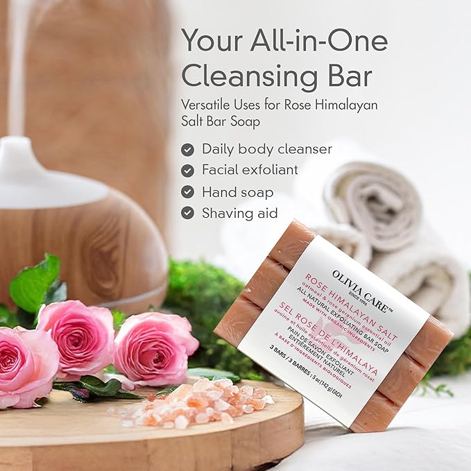 Olivia Care Exfoliating Bar Soap With Rose Himalayan Salt Natural & Organic - Infused w/Oatmeal & Rose Essential Geranium Oil - Moisturize, Detoxify, Hydrate - 3 X 5 OZ