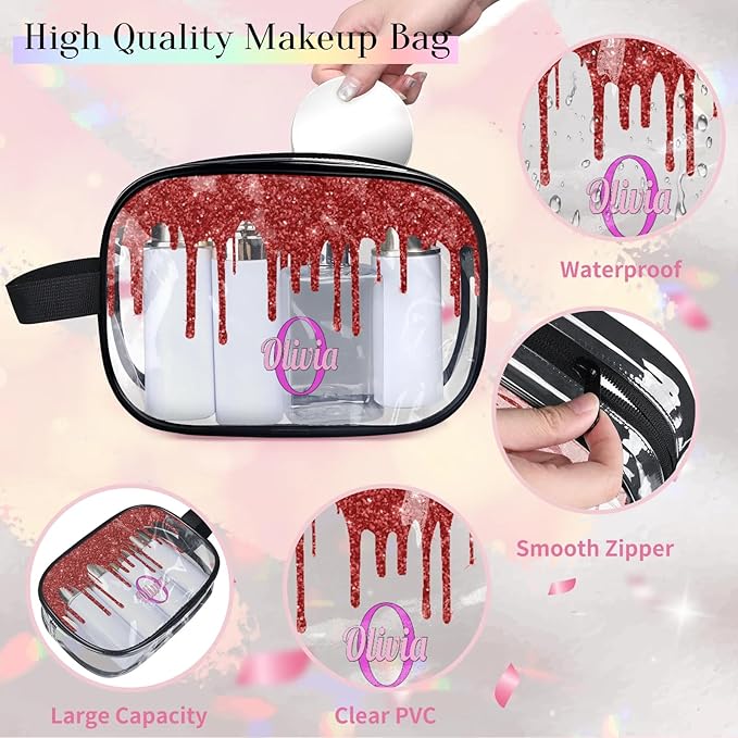Personalized Travel Cosmetic Bag Waterproof Makeup Bags, Custom Name Clear PVC Organizer Case Toiletries Container Bag, Water Fluid Red Sequins