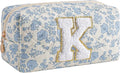 Gleyemor Personalized Initial Makeup Bag for Women, Cute Quilted Blue Floral Cotton Cosmetic Bag, Christmas Gifts for Her Mom Friend Sister Bridesmaid Teacher Women K