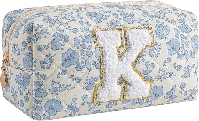 Gleyemor Personalized Initial Makeup Bag for Women, Cute Quilted Blue Floral Cotton Cosmetic Bag, Christmas Gifts for Her Mom Friend Sister Bridesmaid Teacher Women K