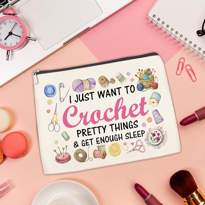 Crochet Gifts Makeup Bag for Crocheters Knitters, Crochet Lovers Knitting Gifts for Women Mom Grandma Cosmetic Bag with Zipper Travel Toiletry Pouch for Purse