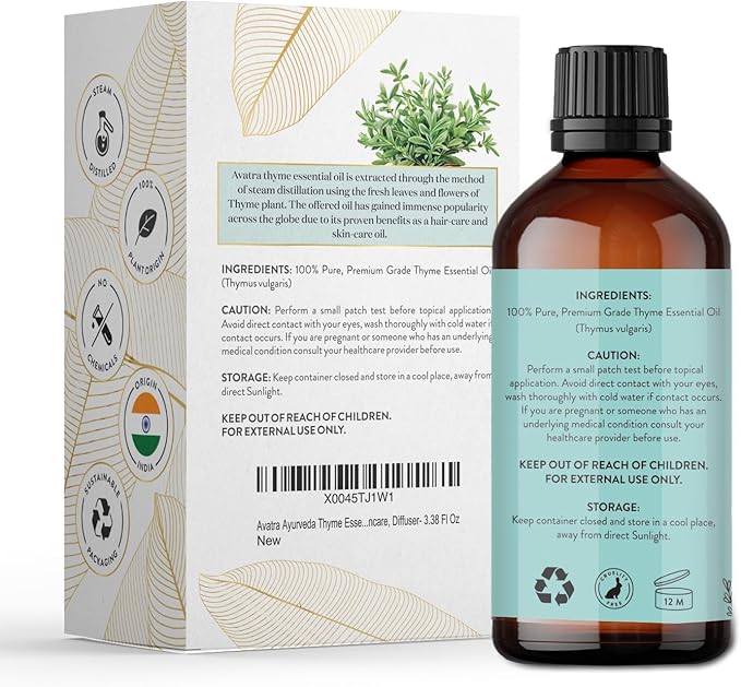 Avatra Thyme Essential Oil 100ML (3.38 OZ) with Glass Dropper and Travel Bottle, Pure and Natural Therapeutic Grade Thyme Oil for Diffuser, Aromatherapy, Massage, and DIY Candle Products