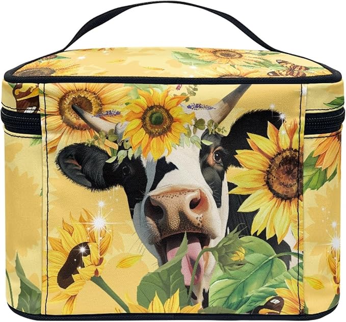 Cute Sunflower Cow Print Travel Makeup Bag for Women Yellow Large Capacity Cosmetic Bag with Zipper and Handle Portable Brushes Case Toiletry Bag Make Up Organizers and Storage Bags