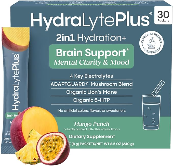 Hydralyte Brain Support - Memory & Focus | Electrolytes + Organic Lions Mane, Reishi, Cordyceps & 5-HTP | Adaptogen Drink Mix with Mushroom Powder | Support Focus and Mood (30 Pack, Mango Punch)