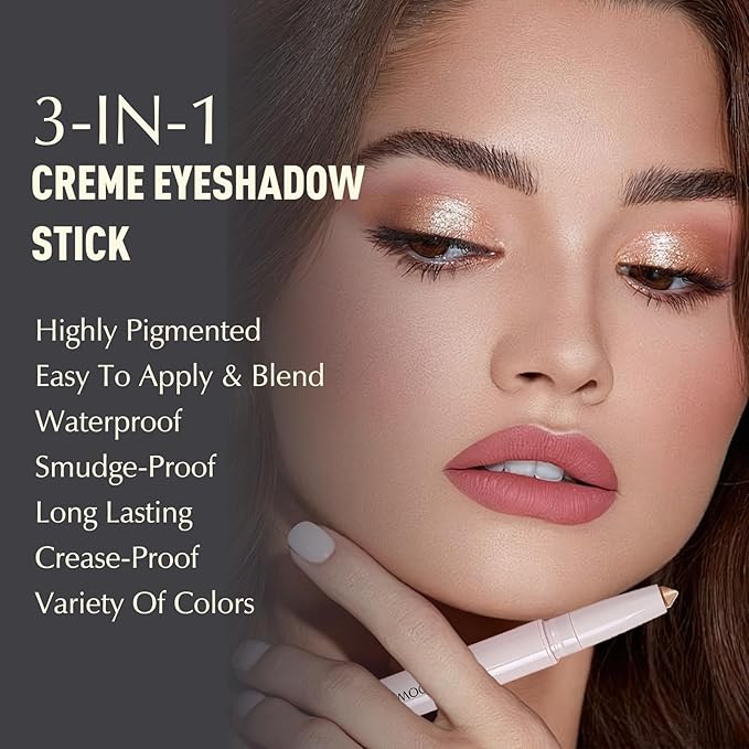 Eyeshadow Stick, Sand Shimmer Cream Eyeshadow Long-Lasting Crease-Proof Glitter Eyeliner Pencil High Pigmented Neutral Highlighter Makeup Crayon with Blending Brush & Built-in Sharpener